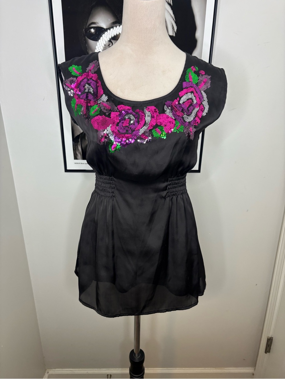Forever 21 Black Scoop Neck Tunic with Pink Sequin Floral Embroidery
